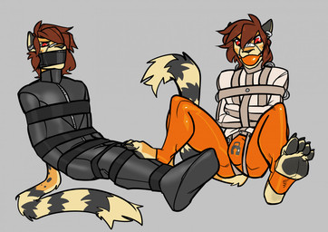 4_toes angry anthro ball_gag barefoot bdsm bondage bound bulge captured cuff_(restraint) feet foot_focus fully_bound gag humanoid_feet leather leather_cuffs lock male muzzle_(object) pawpads plantigrade prison_uniform restrained restraints sitting soles solo straitjacket submissive submissive_male tape toes grumpy_gray_guy rev_cooper_(vagabondwolves) cheetah felid feline mammal