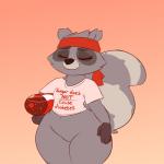 anthro anthrofied beverage bottomless breasts clothed clothing eyes_closed featureless_crotch female kerchief navel pear-shaped_figure shirt short_stack small_breasts smile soda solo standing t-shirt thick_thighs three-quarter_view topwear wide_hips cracker_(artist) electronic_arts peggle popcap_games roxy_raccoon mammal procyonid raccoon 1:1 2019 digital_media_(artwork) hi_res portrait three-quarter_portrait