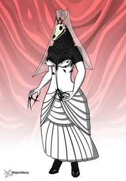 anthro antlers black_body black_fur breasts claws clothing dress female fur hooves horn red_eyes solo teeth thick_fur torn_clothing veil wedding_dress white_clothing majoridiocy american_mythology indigenous_north_american_mythology mythology north_american_mythology nayelli_(majoridiocy) mammal wendigo absurd_res hi_res