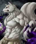 anthro asian_clothing biped black_nose claws clothed clothing colored_fire fire fur looking_at_viewer male muscular muscular_anthro muscular_male orange_eyes purple_fire solo tail white_body white_fur white_tail chibikoma gingitsune gintaro canid canine deity fox mammal 2021 absurd_res digital_media_(artwork) hi_res