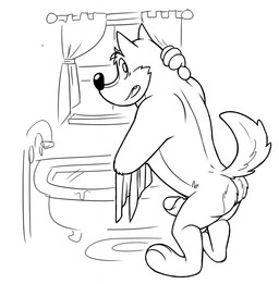 anthro bath butt erection genitals looking_at_viewer male nude penis solo towel water unknown_artist wuffle_(webcomic) wuffle canid canine canis mammal wolf monochrome