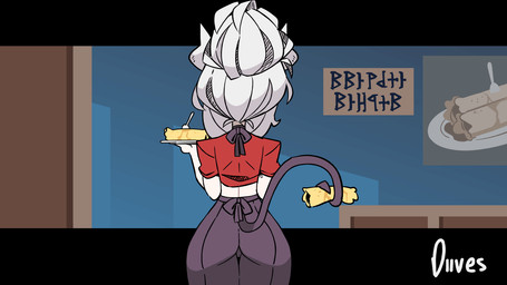 big_butt blush butt clothed clothing cutlery dialogue eating female food fork hair heart_symbol horn kitchen_utensils long_hair looking_at_viewer not_furry pancake prehensile_tail profanity red_eyes simple_background solo spade_tail standing tail text tied_hair tools white_hair diives helltaker lucifer_(helltaker) demon horned_humanoid humanoid mammal 16:9 2d_animation animated english_text frame_by_frame widescreen