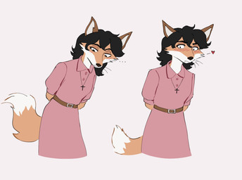 anthro belt black_hair blush cross cross_necklace female hair heart_symbol jewelry necklace solo rivka_(artist) rivka_(rivka) canid canine fox mammal hi_res