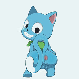anthro anus backpack balls big_balls big_butt blue_balls blue_body blue_fur butt cheek_spots claws dipstick_tail fur genitals grin hand_on_butt hand_on_own_butt long_tail looking_at_viewer looking_back looking_back_at_viewer male markings mole_on_butt multicolored_body multicolored_fur pink_anus pink_inner_ear rear_view shortstack shortstack_male simple_background smile solo tail tail_markings teeth two_tone_body two_tone_fur whiskers white_background white_body white_fur dulone fairy_tail happy_(fairy_tail) domestic_cat exceed felid feline felis mammal 1:1 hi_res