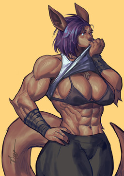 abs anthro arm_tuft arms_bent biceps biped black_bottomwear black_bra black_clothing black_eyebrows black_nose black_pants black_underwear bottomwear bra breasts chest_tuft clothed clothed_anthro clothed_female clothing clothing_lift covering covering_mouth curvy_figure deltoids elbow_tuft eyebrows eyelashes female fingers fully_clothed fur fur_tuft glistening glistening_body glistening_eyes glistening_fur glistening_hair hair hand_on_hip hand_on_own_hip hip_tuft iris long_tail looking_at_viewer messy_hair muscular muscular_anthro muscular_arms muscular_female muscular_thighs navel pants pupils purple_hair red_eyes serratus shirt shirt_lift short_hair sidecut simple_background skimpy snout solo standing tail tan_body tan_fur thick_eyebrows thick_thighs topwear tuft underwear white_clothing white_shirt white_topwear wraps wrist_wraps yellow_background virgoart kangaroo macropod mammal marsupial 2023 digital_drawing_(artwork) digital_media_(artwork) hi_res portrait signature three-quarter_portrait