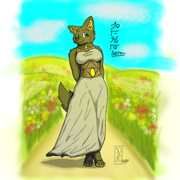 anthro clothing cloud dress female flower_field green_eyes inner_ear_fluff sky smile solo tuft dumausbeach canid canine canis mammal wolf 1:1
