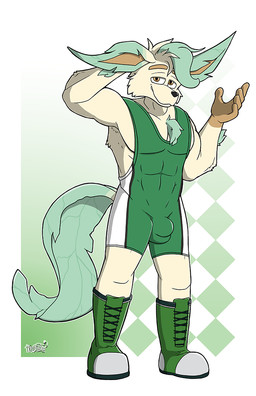 anthro anthrofied biped boots bulge clothed clothing detailed_bulge fluffy fluffy_chest footwear looking_at_viewer male male_anthro plantigrade pokemorph shoes simple_background solo wrestling_singlet hokshi nintendo pokemon eeveelution generation_4_pokemon leafeon pokemon_(species)