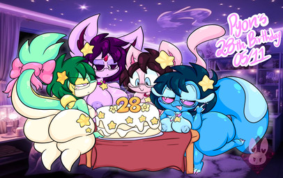 anthro big_breasts big_butt biped birthday birthday_cake black_sclera blue_eyes blue_hair blue_nipples bow_ribbon breast_rest breasts brown_hair butt cake collar dessert eyewear female female_anthro food forehead_gem fur furniture gem glasses green_body green_hair group hair inside logo looking_at_another narrowed_eyes nipples nude photo_background pink_body pink_eyes pink_fur pink_sclera purple_hair purple_nipples snout table tail tan_body text tongue tongue_out wearing_glasses lewdchuu nintendo pokemon pyon_(lewdchuu) eeveelution espeon gecqua generation_10_pokemon generation_1_pokemon generation_2_pokemon generation_5_pokemon legendary_pokemon mew_(pokemon) pokemon_(species) servine 2026 artist_logo digital_drawing_(artwork) digital_media_(artwork) english_description english_text hi_res mixed_media photography_(artwork) watermark