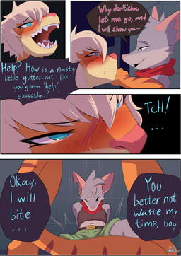 anthro biped blue_eyes blush bottomwear clothed clothing dialogue duo female fur grey_body grey_fur hair larger_female male orange_body orange_fur pink_nose reclining size_difference speech_bubble standing tan_body teeth text white_hair jarnqk felid mammal mouse murid murine pantherine rodent tiger 2024 absurd_res comic english_text hi_res