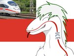 2023 4:3 anthro bullet_train bust_portrait deutsche_bahn digital_drawing_(artwork) digital_media_(artwork) dragon electric_railcar eyes_closed forked_tongue german germany green_outline grey_text grin hair hi_res how_to_dragon_your_train hybrid ice_(train) ice_3 living_machine living_train living_vehicle locomorph machine male markings meme monotone_body mythological_creature mythological_scalie mythology nude outline photo pink_gums portrait railcar red_background red_body red_markings red_scales red_stripes red_tongue reference_image reptile scales scalie scoutartcorner siemens_ag signature simple_background smile solo stripes teeth tongue tongue_out train vehicle white_background white_body white_hair white_scales