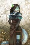 anthro belt black_hair blue_body blue_fur breasts clothed clothing cosplay female fur gloves grass green_eyes green_nose hair handwear legwear outside plant solo text tree white_body white_fur tril-mizzrim the_witcher effie_(thearchitect17) yennefer_of_vengerberg canid canine mammal 2016 english_text