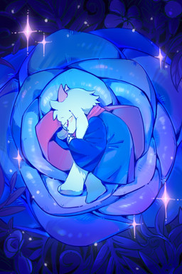 2_horns anthro biped bird's-eye_view blush blush_lines clothed clothing curled_up detailed_background eyes_closed eyewear fetal_pose flower fur glasses high-angle_view horn male pink_horn plant scarf sleeping solo sparkles wearing_glasses white_body white_fur sf74283238 deltarune undertale_(series) ralsei bovid caprine darkner goat mammal 2026 digital_drawing_(artwork) digital_media_(artwork) english_description hi_res