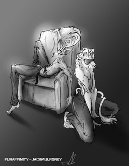 anthro bdsm belt blind bottomwear chair cigarette clothed clothing disability duo furniture horn male open_belt pants pose power_bottom simple_background sitting smoking jack_mulroney beastars louis_(beastars) cervine deer felid lion mammal pantherine red_deer black_and_white hi_res monochrome