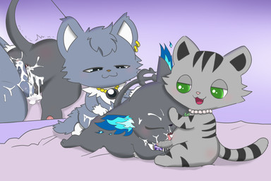 after_orgasm anal anal_penetration anthro anus balls balls_touching bangs black_body black_eyes black_fur bodily_fluids butt chibi cum cum_from_nose cum_in_ass cum_in_nose cum_inside cum_on_butt cum_on_face cum_on_penis cum_on_self ear_piercing ear_ring eyes_closed eyes_rolled_up fellatio fire forked_tail fur gaping gaping_anus genital_fluids genitals green_eyes grey_body grey_fur group half-closed_eyes humanoid_genitalia humanoid_penis jewelry looking_at_another looking_at_partner male male/male markings narrowed_eyes neck_tuft necklace one_eye_closed oral pawpads penetration penile penis piercing pull_out raised_tail ring_piercing sex smile spitroast squint squinted_eyes striped_body striped_fur striped_markings striped_tail stripes tail tail_markings trio tuft unusual_anatomy unusual_tail drugolld disney jewelpet sanrio sega_fave twisted-wonderland dian_(jewelpet) grim_(twisted-wonderland) tour_(jewelpet) american_shorthair domestic_cat felid feline felis maine_coon mammal monster hi_res