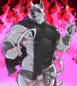 5_fingers abstract_background anthro armpit_hair balls bandage barbell_piercing bodily_fluids body_hair cloak_only clothing coin coin_flip dripping fingers fire fire_background foreskin fur genital_fluids genitals grey_body grey_fur grey_penis holding_object holding_weapon humanoid_genitalia humanoid_penis male mostly_nude muscular muscular_male musical_note musical_symbol nipple_barbell nipple_piercing nipples penis piercing poncho precum precum_drip red_eyes sickle solo standing symbol vein weapon whistling kiwi_hugh dreamworks puss_in_boots_(franchise) death_(puss_in_boots) canid canine canis mammal wolf 2023 absurd_res hi_res