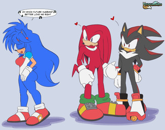 anthro armor big_breasts big_butt black_body black_fur blue_body blue_fur blush breasts butt clothing female footwear fur gloves green_eyes group hair handwear love male melee_weapon side_boob singing smile sword text thick_thighs trio weapon pepamintop falcom popful_mail sega sonic_the_hedgehog_(series) fan_character knuckles_the_echidna selena_the_popful_hedgehog shadow_the_hedgehog echidna eulipotyphlan hedgehog mammal monotreme 2024 english_text hi_res