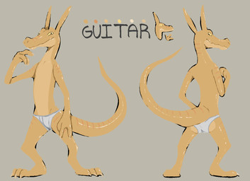3_fingers 3_toes anthro clothing fangs feet fingers looking_at_viewer looking_back male stripes tail tan_body tapering_tail teeth thick_tail toes underwear yellow_eyes guitarzard kobold scalie model_sheet