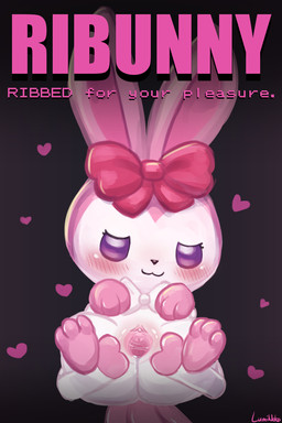 bedroom_eyes blush blush_lines bodily_fluids bow_(feature) chibi feet female fur genital_fluids genitals happy heart_symbol looking_at_viewer narrowed_eyes pink_body pink_fur purple_eyes seductive spread_vulva spreading text vaginal_fluids vulva lumineko palworld pocketpair lagomorph leporid mammal pal_(species) ribbuny 2024 2:3