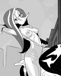 anthro bedroom_eyes breasts clothing female fingerless_gloves gloves handwear looking_at_viewer markings mole_(marking) mole_on_breast motorcycle narrowed_eyes racing_suit seductive small_breasts smile smiling_at_viewer solo undressing undressing_self vehicle zipper thesquidycipher the_looney_tunes_show warner_brothers tina_russo anatid anseriform avian bird duck 4:5 hi_res monochrome