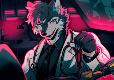 anthro black_clothing black_necktie black_nose black_shirt black_topwear chart clothing coat computer confident cyberpunk desk detailed_background dramatic_lighting ear_tuft electronics fluffy fluffy_hair fur furniture grey_body grey_fur hair holding_object inner_ear_fluff inside lab_coat laboratory lamp looking_at_viewer male medical_instrument monitor necktie neon_lighting pink_lighting rim_lighting scientific_instrument sharp_teeth shirt smile smirk snout solo stethoscope table teeth topwear tuft white_body white_clothing white_coat white_fur white_topwear yellow_eyes axontatsu thunderrangers archermagnum canid canine canis mammal wolf hi_res