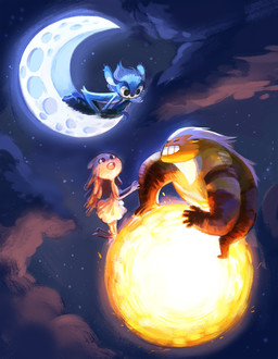 anthro blue_body blue_fur cloud fur group hair long_ears male moon open_mouth outside sky smile star sun white_hair droplix mune:_guardian_of_the_moon glim mune_(guardian_of_the_moon) sohone satyr unknown_species digital_media_(artwork) digital_painting_(artwork) hi_res painting_(artwork)