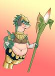 anthro armor blue_eyes blush clothed clothing ear_piercing female gradient_background green_body melee_weapon navel overweight overweight_anthro overweight_female piercing polearm red_background simple_background solo spear weapon white_body yellow_background beverage_(artist) ever_oasis nintendo miura drauk