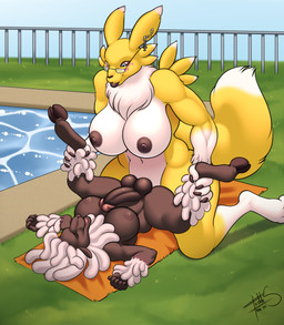 4_fingers 5_fingers anal anal_penetration anthro anthro_on_anthro anthro_penetrated anthro_penetrating anthro_penetrating_anthro anvil_position areola balls big_breasts black_balls black_body black_claws black_penis black_sclera breasts claws detailed_background dipstick_ears dipstick_tail duo ear_markings ear_piercing eyes_closed facial_markings fingers from_front_position fur genitals glans grass gynomorph gynomorph/gynomorph gynomorph_penetrated gynomorph_penetrating gynomorph_penetrating_gynomorph gynomorph_penetrating_intersex head_markings huge_breasts humanoid_genitalia humanoid_penis intersex intersex/intersex intersex_penetrated intersex_penetrating intersex_penetrating_gynomorph intersex_penetrating_intersex leg_grab legs_up lips lying markings multicolored_body multicolored_ears multicolored_fur multicolored_tail neck_tuft nipples nude on_back on_towel outside penetration penile penile_penetration penis piercing pink_glans plant poolside sex swimming_pool tail tail_markings thick_bottom_lip towel tuft two_tone_body two_tone_fur water white_body white_fur wool_(fur) yellow_body yellow_fur freckles_(artist) bandai_namco digimon reiku bovid canid caprine digimon_(species) mammal renamon sheep 2020 absurd_res digital_media_(artwork) hi_res signature