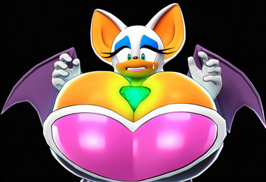 5_fingers anthro between_breasts big_breasts bodily_fluids breast_expansion breast_focus breasts chaos_emerald emerald_(gem) expansion female fingers front_view gem glowing huge_breasts hyper hyper_breasts looking_down membrane_(anatomy) membranous_wings profanity solo sound_effects straining_clothing sweat sweatdrop wings worried_look expansion_cinema sega sonic_the_hedgehog_(series) rouge_the_bat bat mammal 2025 3d_(artwork) digital_media_(artwork) hi_res