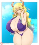 ara_ara big_breasts bikini blonde_hair blue_background blue_hair breasts clothing cloud collarbone curved_horn curvy_figure dot_nose eyelashes female glistening glistening_body glistening_skin gradient_hair green_hair hair hand_on_face heart_symbol horn huge_breasts motion_lines purple_bikini purple_clothing purple_swimwear simple_background sky smile solo standing swimwear text thick_thighs two-piece_swimsuit voluptuous w_arms wide_hips yellow_eyes crysnickel kobayashi-san_chi_no_maidragon miss_kobayashi's_dragon_maid mythology quetzalcoatl_(dragon_maid) animal_humanoid dragon dragon_humanoid horned_humanoid humanoid mythological_creature mythological_scalie scalie absurd_res hi_res url