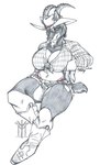 anthro beverage big_breasts bottomwear breasts clothing country cowboy denim denim_bottomwear denim_clothing denim_shorts female hat headgear headwear hooves horn hydros panties pose short shorts solo thong underwear western thehuntingwolf bovid caprine goat ibex mammal hi_res pinup sketch