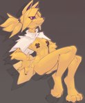 anthro biped black_nose breasts c3ilin cute_fangs eeveelution female fur generation_1_pokemon grey_background hi_res jolteon looking_at_viewer mouth_closed multicolored_body multicolored_fur nintendo nipple_tape one_fang pasties pokemon pokemon_(species) short_tail simple_background smile solo tail tape white_body white_eyes white_fur yellow_body yellow_fur yellow_tail