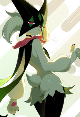 3_fingers abstract_background anthro black_body black_choker black_claws black_fur black_jewelry black_necklace breasts butt choker choker_only claws closed_smile female fingers fur green_body green_fur jewelry logo looking_at_viewer looking_back looking_back_at_viewer mouth_closed necklace necklace_only nude pawpads paws pink_body pink_eyes pink_nose pink_pawpads short_tail small_breasts smile solo standing tail text white_text otokakoto nintendo pokemon generation_9_pokemon meowscarada pokemon_(species) 2025 absurd_res artist_logo artist_name hi_res signature