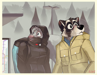anthro backpack black_body black_clothing black_fur black_jacket black_nose black_topwear border clothed clothed_anthro clothed_male clothing detailed_background duo facial_markings facial_scar fur grey_body grey_fur hair head_markings jacket male male_anthro markings mask_(marking) mouth_closed multicolored_body multicolored_fur outside pink_nose plant scar tail text topwear tree whiskers white_body white_border white_fur white_hair yellow_clothing yellow_jacket_(clothing) yellow_topwear rosphix alvi_(rosphix) mylo_(rosphix) mammal mephitid procyonid raccoon skunk spotted_skunk 2019 absurd_res digital_media_(artwork) english_description english_text hi_res signature trans_(lore) trans_man_(lore)