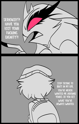angry anthro backpack beanie clothing dress duo female frown grey_background hair hat headgear headwear long_hair looking_away pink_eyes short_hair simple_background teathekook hellaverse helluva_boss octavia_(helluva_boss) stella_(helluva_boss) avian bird owl owl_demon hi_res