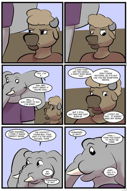 anthro blonde_hair brown_body brown_fur clothed clothed_anthro clothed_male clothing dialogue duo fur grey_body grey_skin hair horn male open_mouth proboscis_(anatomy) text trunk_(anatomy) tusks young young_anthro young_male thunderouserections study_partners ragdoll_(study_partners) will_(study_partners) bison bovid bovine elephant elephantid mammal proboscidean 2:3 comic english_text hi_res