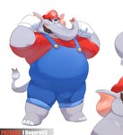 anthro barefoot belly blush clothing facial_hair feet flexing hat headgear headwear looking_at_viewer male mustache overweight overweight_male simple_background solo standing trunk white_background o-ro mario_bros nintendo super_mario_bros_wonder elephant_mario mario elephant elephantid mammal proboscidean 2023 better_version_at_paywall cropped full-length_portrait hi_res portrait