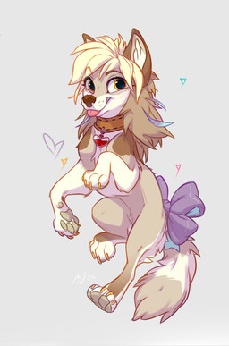 accessory black_nose blep blonde_hair bow_ribbon claws collar female feral feral_with_hair fluffy fluffy_tail front_view furgonomics hair heart_symbol inner_ear_fluff looking_at_viewer pawpads quadruped ribbons short_hair simple_background solo tail tail_accessory tail_bow tail_ribbon tongue tongue_out tuft yellow_eyes young young_female young_feral maryvirgin canid canine canis hybrid mammal wolfdog 2026 absurd_res hi_res