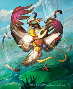 ambiguous_gender anthro beak clothing cloud feathers feet forest hat headgear headwear holding_lute lake loose_feather lute musical_instrument on_one_leg open_mouth plant plucked_string_instrument red_body red_feathers smile solo standing string_instrument tail talons toes tree water waterfall white_body white_feathers gomalemo hasbro magic:_the_gathering wizards_of_the_coast zinnia_(magic:_the_gathering) avian bird stork 2024 digital_media_(artwork) official_art