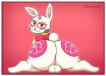 anthro asian_clothing balls big_balls big_butt bodypaint bubble_butt butt chinese_clothing clothing east_asian_clothing fur genitals huge_butt male red_background round_tail simple_background solo white_body white_fur tunemon spike_chunsoft virtue's_last_reward zero_escape zero_iii lagomorph leporid mammal rabbit hi_res