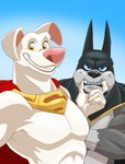 5_fingers abs angry anthro black_nose blue_background blue_eyes cape clothed clothing duo fingers fur male mask muscular pink_nose simple_background smile smiling_at_viewer superhero superpowers teeth topless topless_male yellow_eyes zurdomon dc_comics dc_league_of_super-pets ace_the_bat-hound krypto canid canine canis domestic_dog mammal pit_bull hi_res