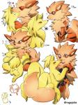 3:4 >_< annoyed arcanine blush canid canine cuddling duo eyes_closed female feral fur generation_1_pokemon heart_symbol kissing larger_female male male/female mammal multi_tail ninetales nintendo orange_body orange_fur pokemon pokemon_(species) question_mark ragujuka romantic romantic_couple simple_background size_difference smaller_male smile stripes tail tongue tongue_out white_background yellow_body yellow_fur