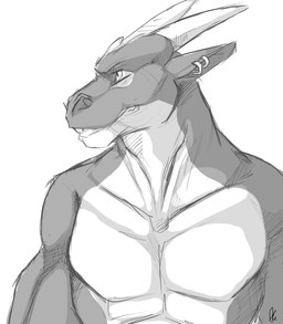 anthro bared_teeth ear_piercing ear_ring front_view glistening glistening_eyes horn male male_anthro nude piercing ring_piercing simple_background solo solaxe_(artist) mythology dragon mythological_creature mythological_scalie scalie monochrome sketch