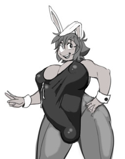 anthro bodily_fluids breasts bulge clothing cuffs_(clothing) cum cum_in_clothing cum_through_clothing erection erection_under_clothing facial_horn fake_ears fake_rabbit_ears genital_fluids gynomorph hair horn intersex nipple_outline nose_horn open_mouth open_smile simple_background smile solo standing topwear wet wet_clothing white_background analon_(artist) rhinolon_(analon) mammal rhinoceros