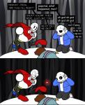 ambiguous_gender animated_skeleton bodily_fluids bone clothing comic dialogue english_text frisk_(undertale) group heart_symbol hoodie human male mammal nervous not_furry papyrus_(undertale) sane-soldier_(artist) sans_(undertale) scarf skeleton sweat text topwear undead undertale undertale_(series)