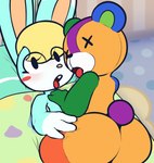 anthro bear_tail blonde_hair blue_body blue_fur blush bodily_fluids butt duo fur hair kissing male male/male nude on_top plushie saliva saliva_string teddy_bear rabblet animal_crossing nintendo sasha_(animal_crossing) stitches_(animal_crossing) animate_inanimate bear lagomorph leporid living_plushie mammal rabbit