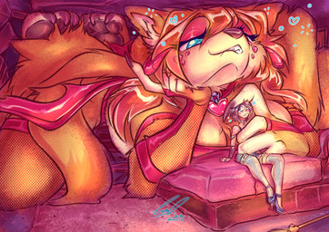anthro armwear bed big_breasts biped bite biting_lip biting_own_lip blonde_hair blush bottomwear breasts broom butt chest_tuft choker claws cleaning_tool clothed clothing collar detailed_background dresser duo extreme_size_difference eye_contact eyeshadow fangs female female_anthro femboy finger_claws fishnet_armwear fishnet_clothing fishnet_leggings fishnet_legwear footwear fur furniture hair heart_symbol holding_character holidays horn human_on_anthro inner_ear_fluff inside interspecies jewelry larger_anthro leggings legwear long_hair looking_at_another looking_down looking_up macro macro_anthro macro_female makeup male male/female micro micro_in_hand multi_tail necklace on_bed orange_body orange_fur pawpads paws purple_hair room_filling self_bite shoes short_hair size_difference smaller_human smaller_male table tail tan_body tan_fur teasing teeth toe_claws topwear tuft witch_broom yellow_body yellow_fur carnival_(artist) halloween canid canine fox human mammal true_fox digital_media_(artwork) hi_res signature watermark