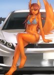 anthro biped black_nose bra brown_body brown_fur brown_hair car clothed clothing female fur hair on_hood outside panties sitting sky solo underwear vehicle yellow_eyes hopping4 canid canine mammal 2016 hi_res