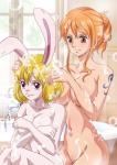 ambiguous_gender anthro areola bathing bathtub big_breasts blonde_hair breasts bubble covering covering_breasts duo_focus ear_piercing eyelashes female female_focus group hair hair_bun inside navel nude orange_hair piercing sitting tattoo wet raida_(user_yypr5857) one_piece brook_(one_piece) carrot_(one_piece) nami_(one_piece) ghost human lagomorph leporid mammal minkmen_(one_piece) rabbit spirit hi_res