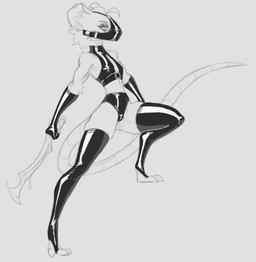 anthro blade clothing ear_piercing ear_ring female latex latex_clothing latex_mask legwear makeup mascara mask piercing ring_piercing solo squish thigh_highs jizzus warhammer_(franchise) slitterfang_breathstealer_(jizzus) mammal murid murine rat rodent skaven