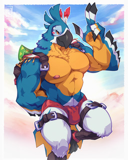 anthro avian_feet back_muscles backpack barazoku blue_body blue_feathers brown_eyes bulge clothed clothing feathers gesture hand_gesture male nipples solo v_sign yeensinjeans breath_of_the_wild nintendo the_legend_of_zelda kass_(tloz) avian rito 4:5 hi_res